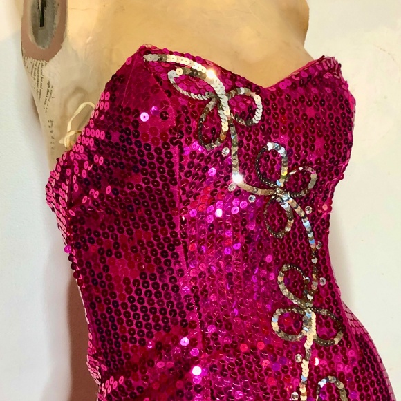 Vtg 80s Sequined Fuchsia Pink w/Silver Strapless Wiggle Evening Pageant Gown~2 - Picture 10 of 13
